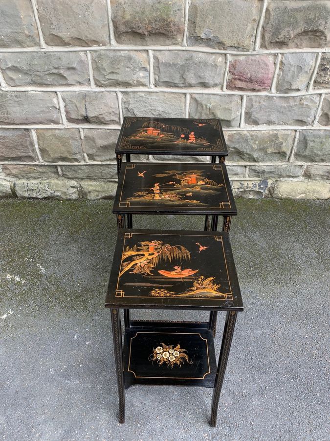 Antique Antique Black Lacquered Chinoiserie Nest 3 Tables