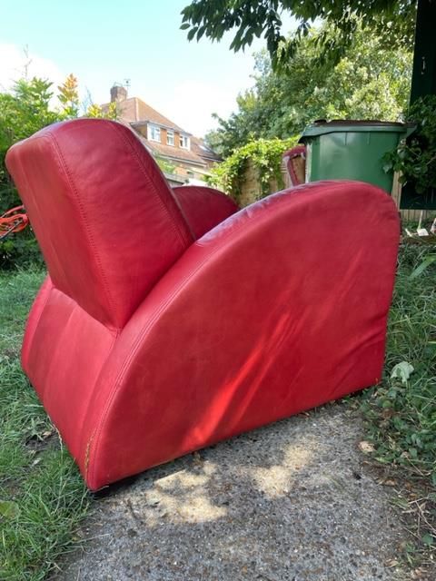 Antique Art Deco 1950s Lounge Chair Red Leather Wth Streamline Speed Arms