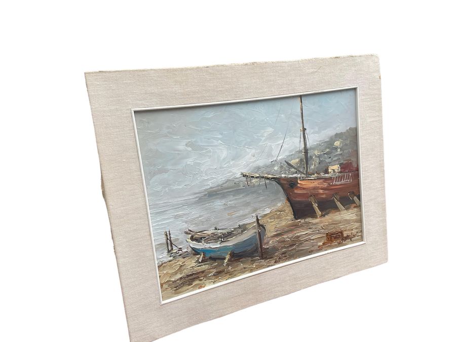 Antique Vintage Italian painting boats on the shore.