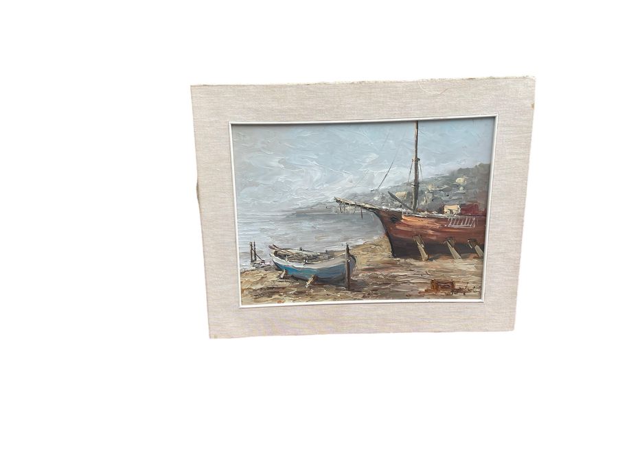 Antique Vintage Italian painting boats on the shore.