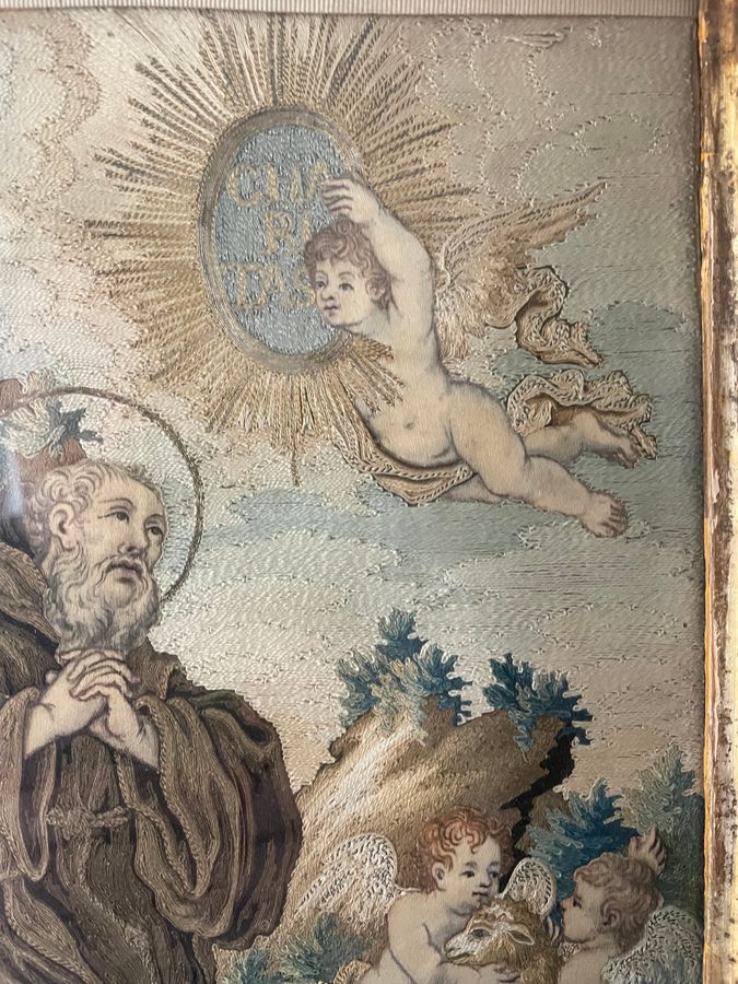 Antique Spanish Handpainted Silk Panel: 18th Century Saint Francis of Paola with Cherubs