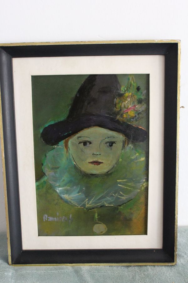 Antique French Midcentury painting of a clown