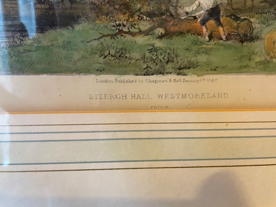 Antique 19th century hand coloured  engraving Sizergh Hall, Westmoreland