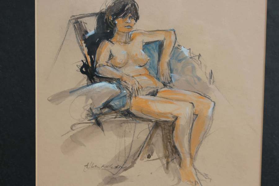 Antique Midcentury Female Nude Watercolour Sketch