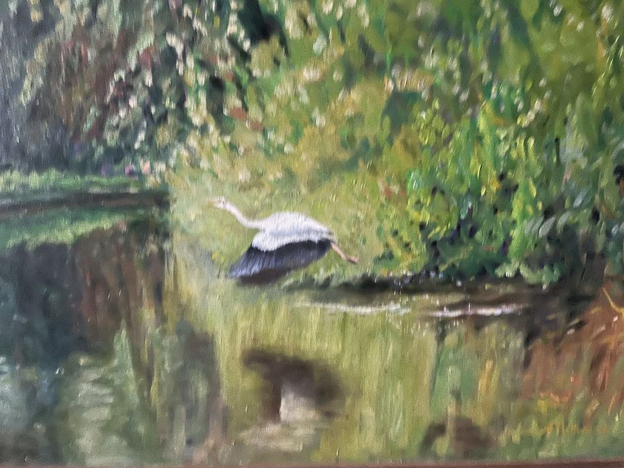 Antique Vintage painting of a heron flying over a pond