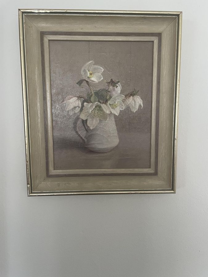 Antique Anna Hornby still life painting of  chrismas roses
