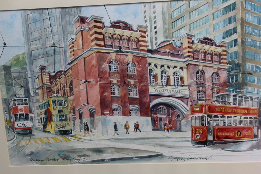 Antique Vintage Watercolour Of The Western Market Hong Kong By Geoffrey Baverstock.