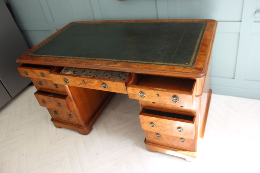 Antique Victorian Burr Walnut Pedestal Desk 19th C