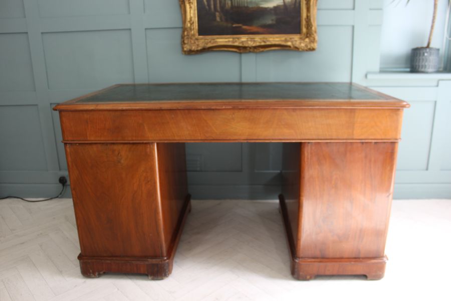 Antique Victorian Burr Walnut Pedestal Desk 19th C