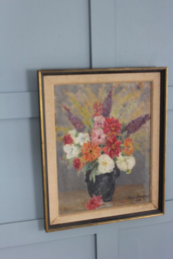 Antique Midcentury painting  still life of summer flowers by Pauline Boumphrey