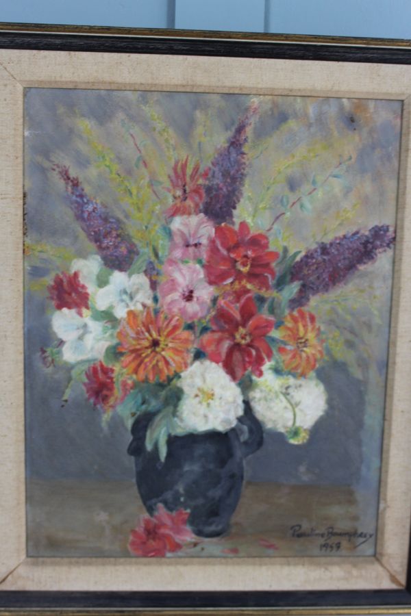 Antique Midcentury painting  still life of summer flowers by Pauline Boumphrey