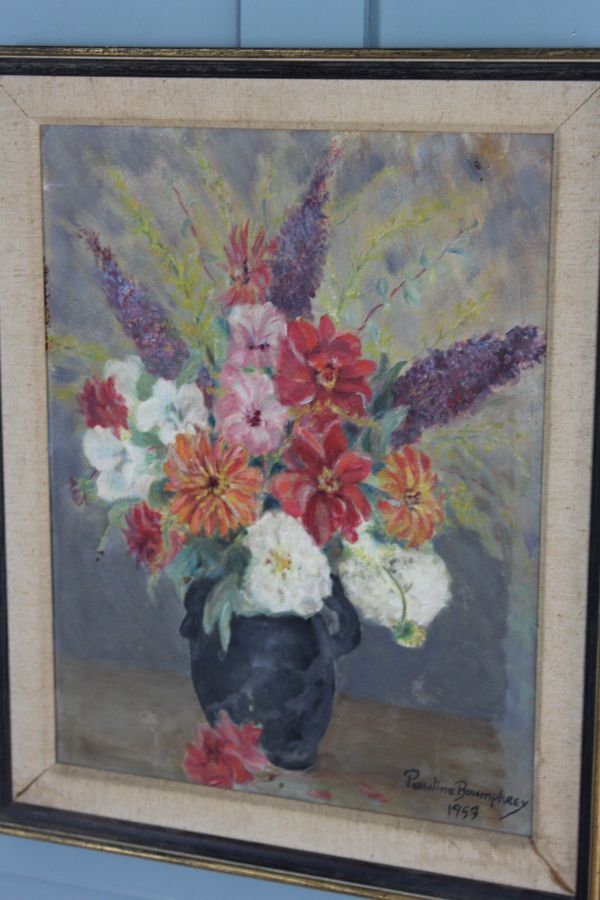 Antique Midcentury painting  still life of summer flowers by Pauline Boumphrey