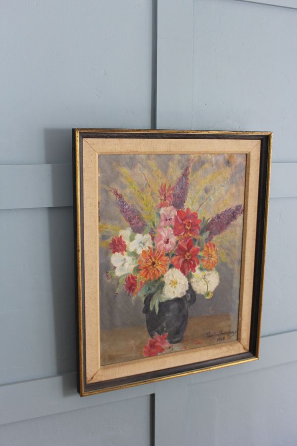 Antique Midcentury painting  still life of summer flowers by Pauline Boumphrey