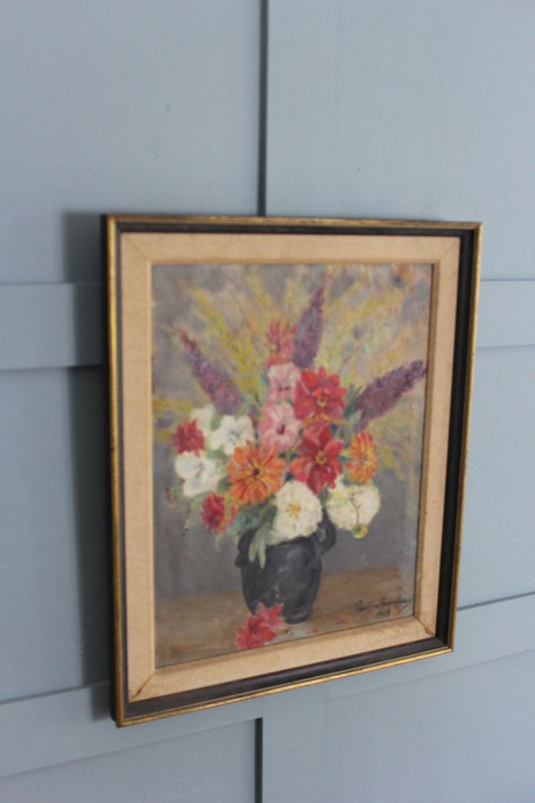 Antique Midcentury painting  still life of summer flowers by Pauline Boumphrey