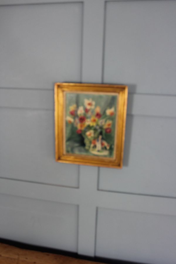 Antique 1950s still life of  painting of spring flowers and Staffordshire pottery