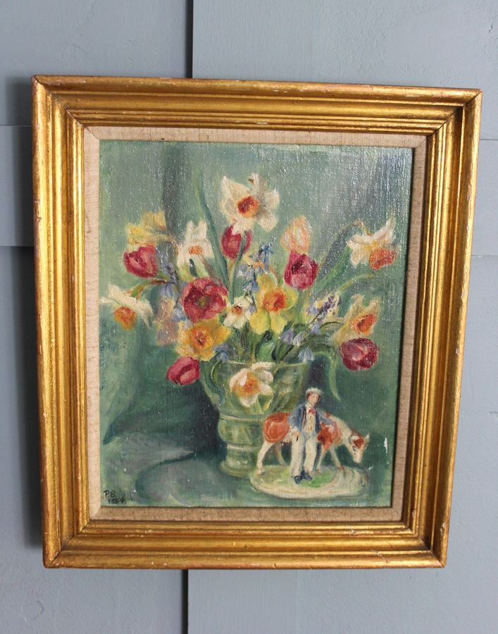 Antique 1950s still life of  painting of spring flowers and Staffordshire pottery