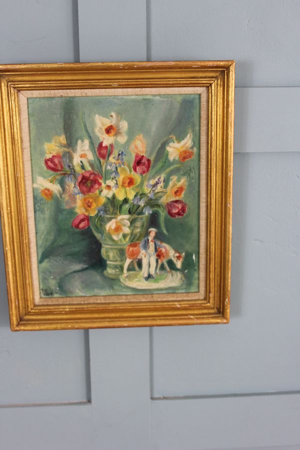 Antique 1950s still life of  painting of spring flowers and Staffordshire pottery