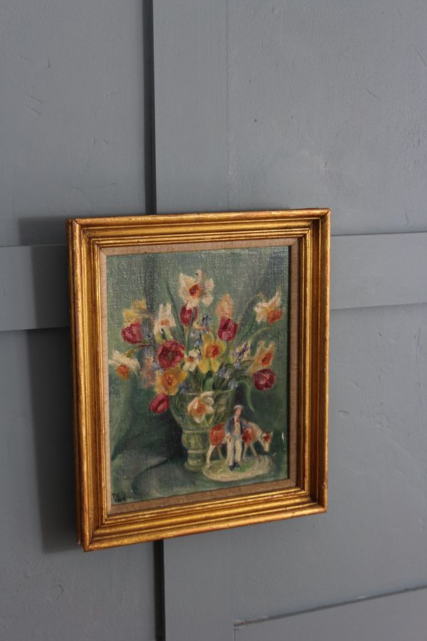 Antique 1950s still life of  painting of spring flowers and Staffordshire pottery