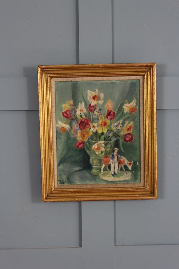 Antique 1950s still life of  painting of spring flowers and Staffordshire pottery