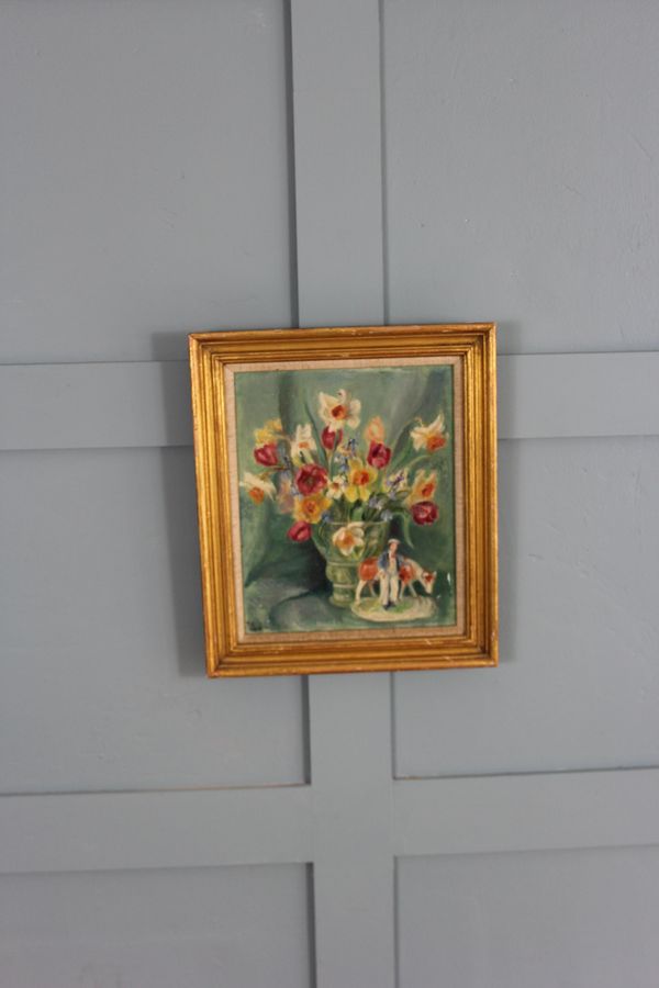 Antique 1950s still life of  painting of spring flowers and Staffordshire pottery