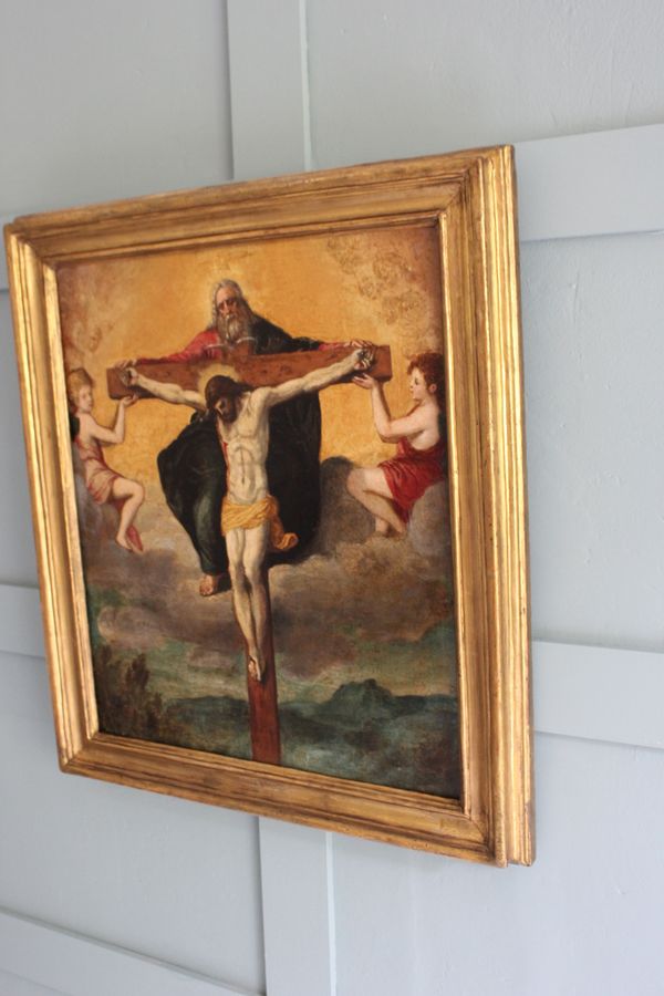 Antique 17th Century Italian School Crucifixion Oil on Panel