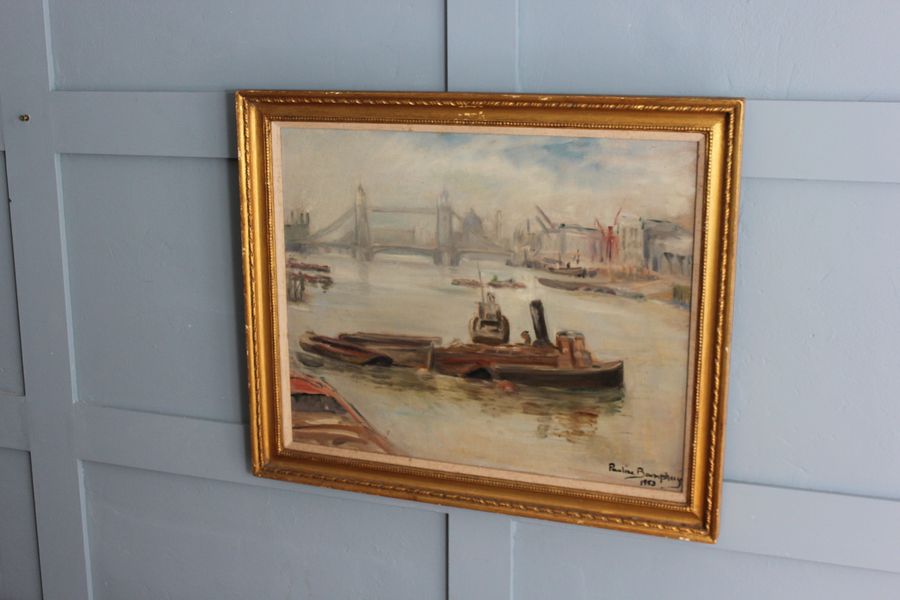 Antique Pauline Boumphrey tug boats on the river Thames London painting