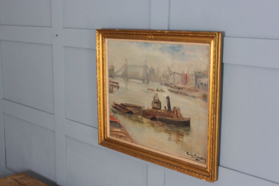 Antique Pauline Boumphrey tug boats on the river Thames London painting