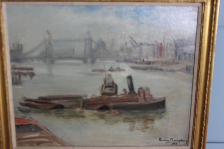 Antique Pauline Boumphrey tug boats on the river Thames London painting