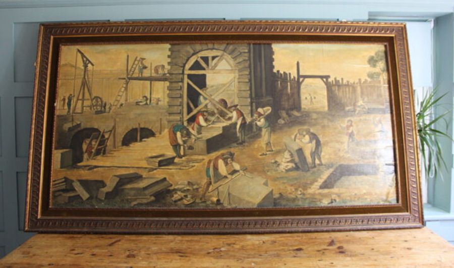 Antique Abbé Prévost The Stonemasons At Work Oil On Paper