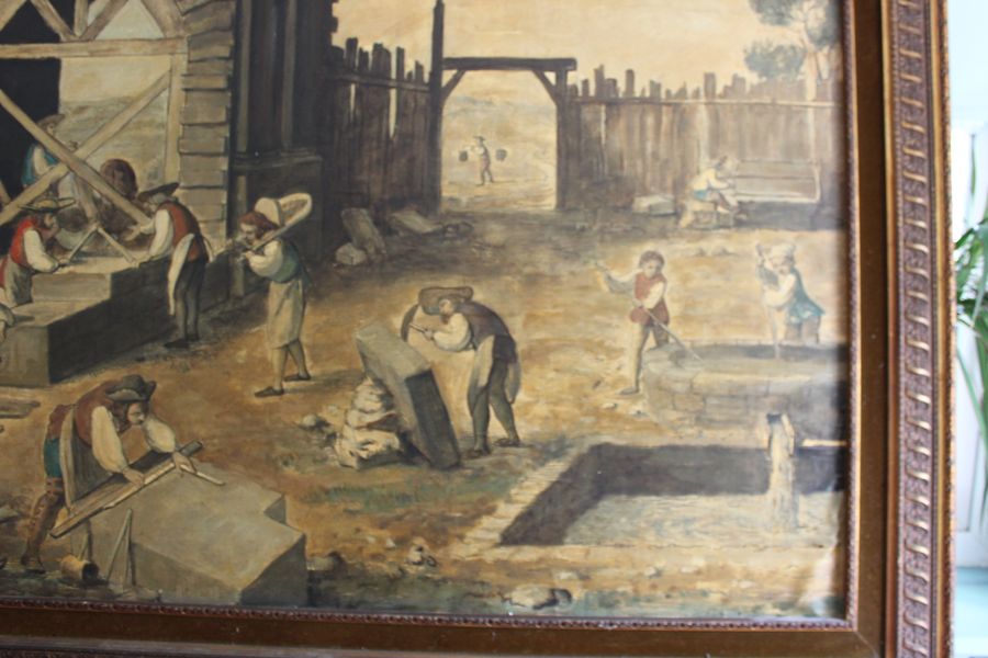 Antique Abbé Prévost The Stonemasons At Work Oil On Paper