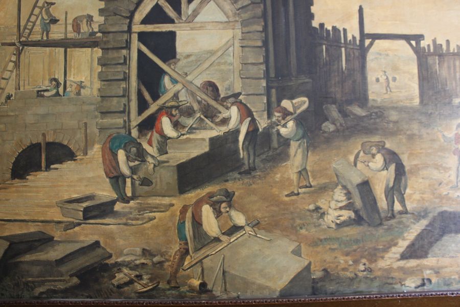 Antique Abbé Prévost The Stonemasons At Work Oil On Paper