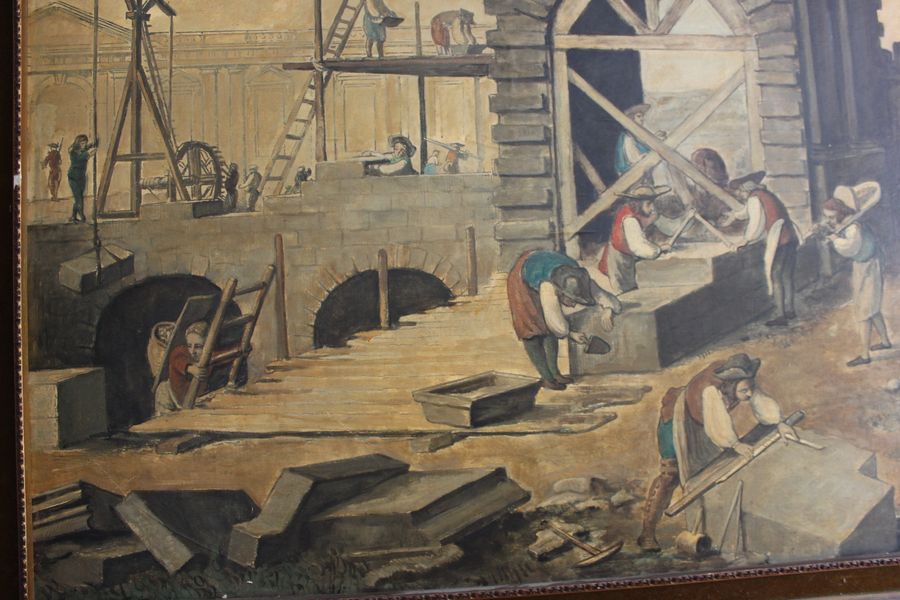 Antique Abbé Prévost The Stonemasons At Work Oil On Paper