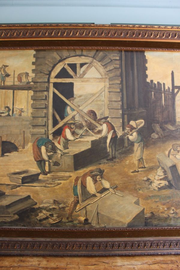 Antique Abbé Prévost The Stonemasons At Work Oil On Paper