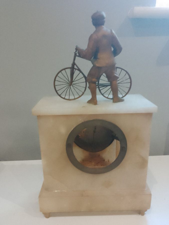 Antique French Antique Alabaster Clock Bicycle & Rider Mantel Clock