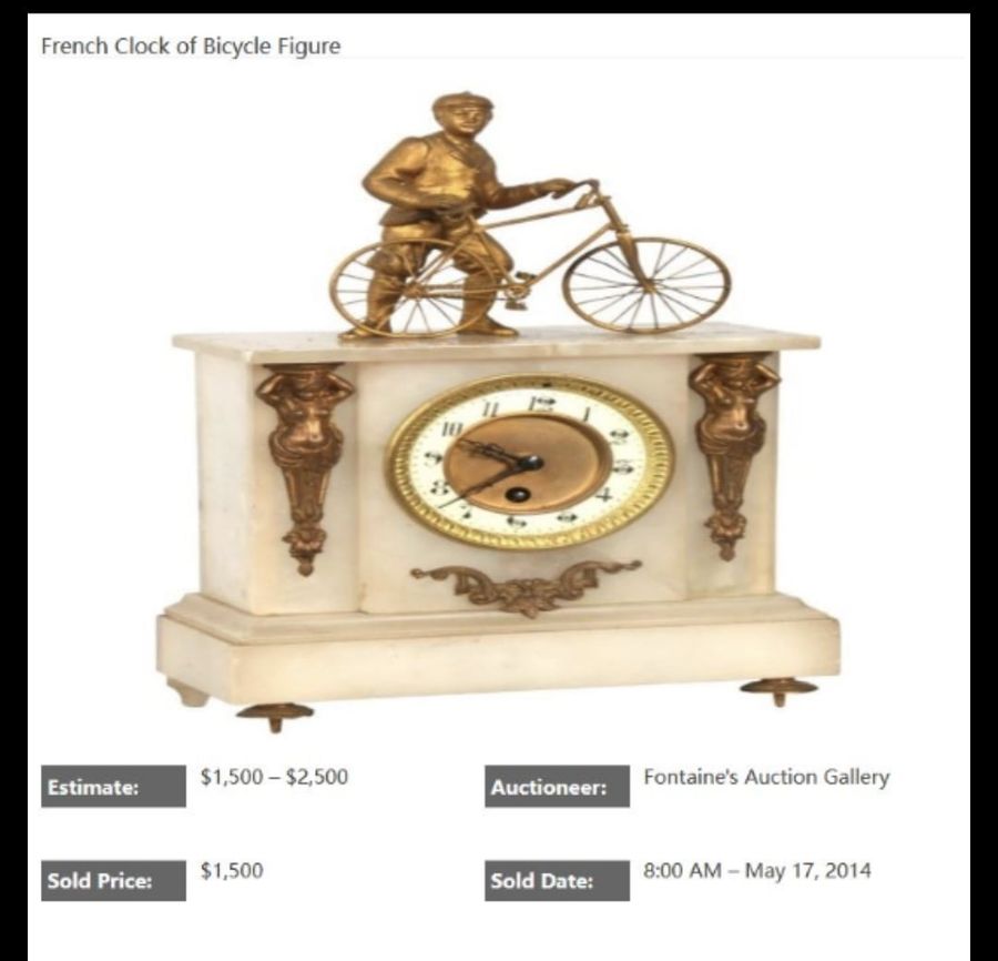 Antique French Antique Alabaster Clock Bicycle & Rider Mantel Clock
