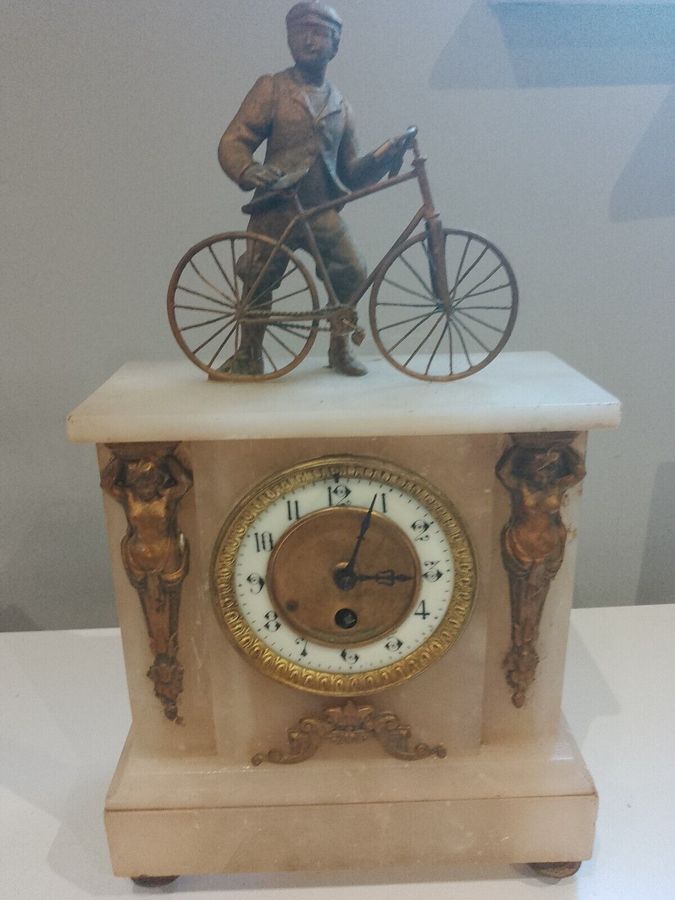 French Antique Alabaster Clock Bicycle & Rider Mantel Clock