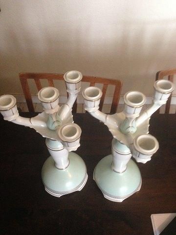 Antique Bing & Grondahl Pair of 4-Arm Candelabra's in mint green and with gold