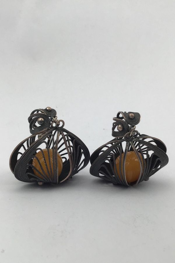 Antique Filigree Silver Stud Earrings with Amber