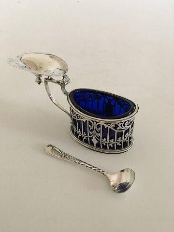 Antique Birks Mustard pot in sterling silver with spoon in Plated metal