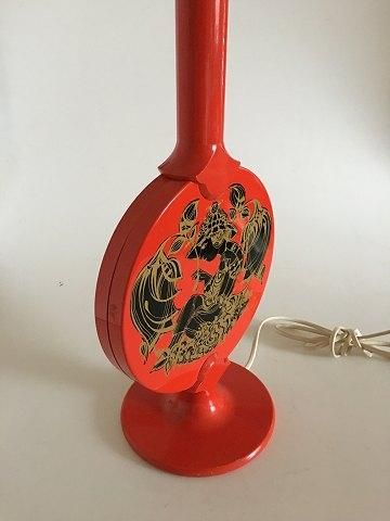 Antique Bjorn Wiinblad Lyfa Lamp in Red Lacquered Wood Veneer with Black and Gold Decorated Motif