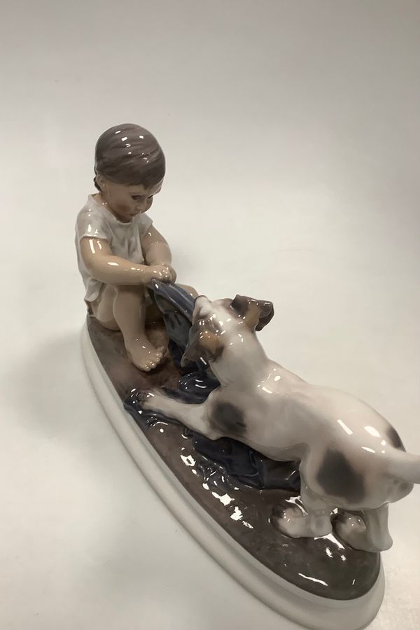 Antique Dahl Jensen Figurine of Smooth Hair Fox Terrier playing with boy No 1072