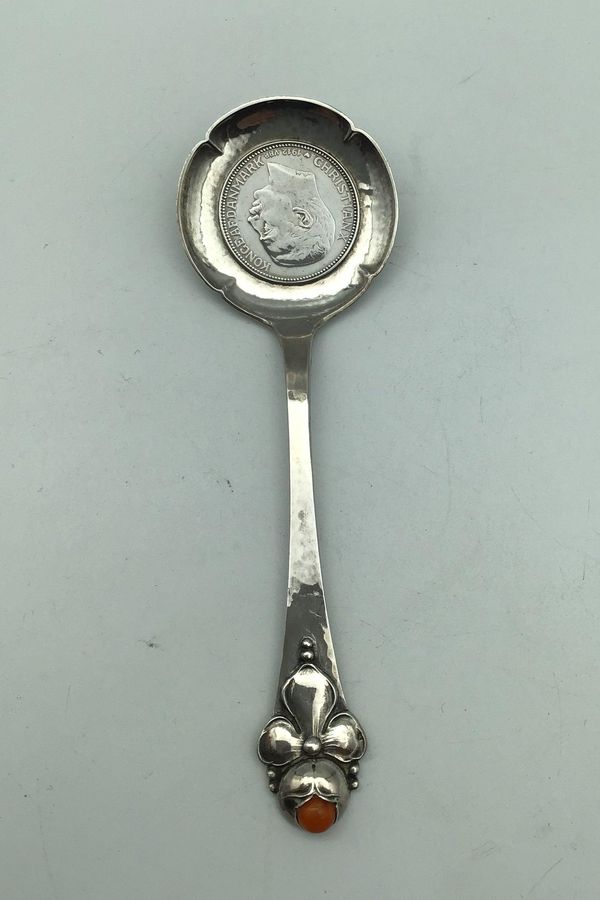 Antique Danish Work (DTA) Silver Serving Spade with Amber and Coin