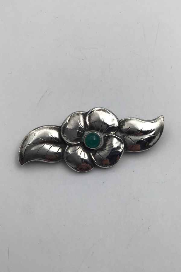 Antique Danish Art Noveau Silver Brooch with Green Stone