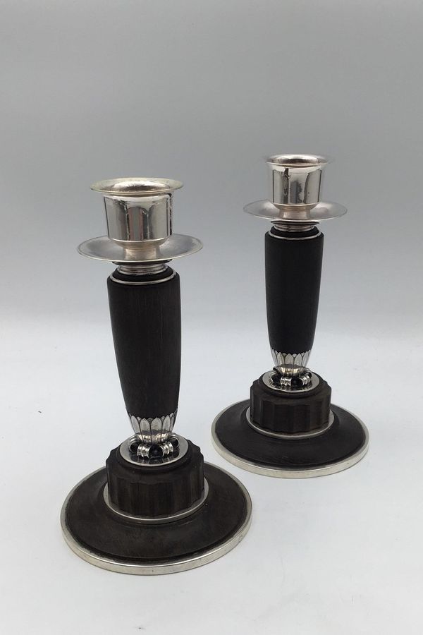 Antique Georg Jensen Sterling Silver Ebony Candlesticks No. 2011 (2) (1930-1945)