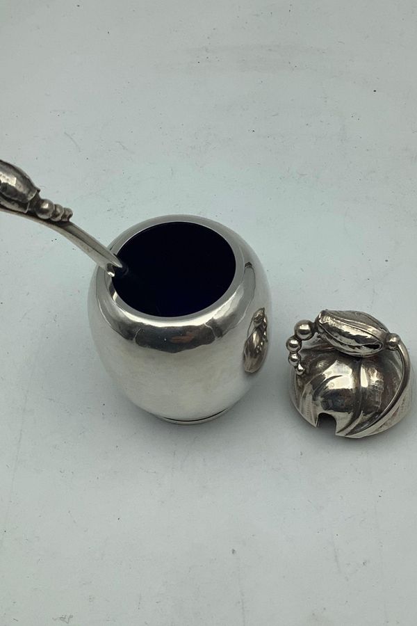 Antique Georg Jensen Sterling Silver Magnolia Mustard Jar with Spoon No. 2A Measures 8cm / 3.15 inch Weighs 79.4 grams / 2.80 oz