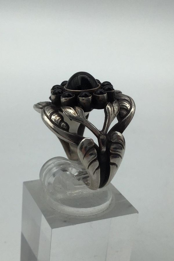 Antique Georg Jensen Sterling Silver Ring No. 10 Moonlight Blossom Black Agate.