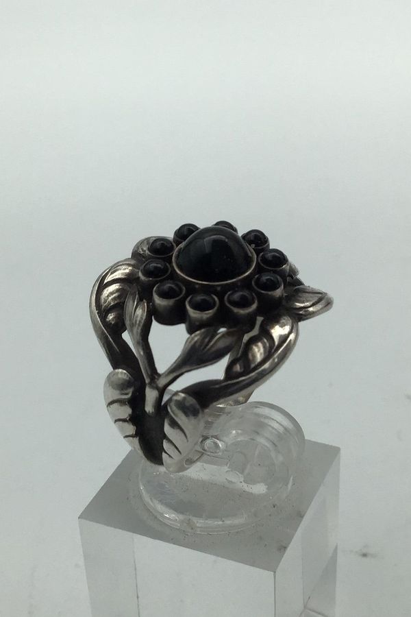 Antique Georg Jensen Sterling Silver Ring No. 10 Moonlight Blossom Black Agate.