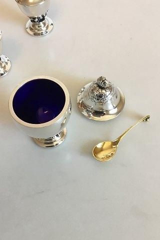 Antique Georg Jensen Sterling Silver Salt and Pepper Shakers and Mustard Jar with gilded spoon No 235