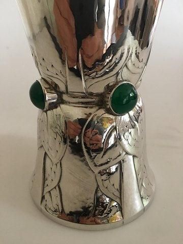 Antique Georg Jensen Sterling Silver Vase no. 116 ornamented with 4 green agates.