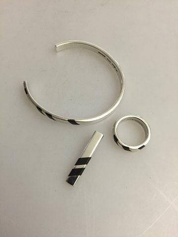 Antique Hans Hansen Sterling Silver Ring, Armring and Pendant with Black Enamel